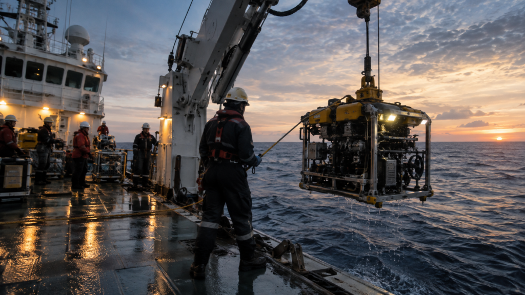 Déploiement d’un ROV depuis un navire de recherche au crépuscule sur l’océan