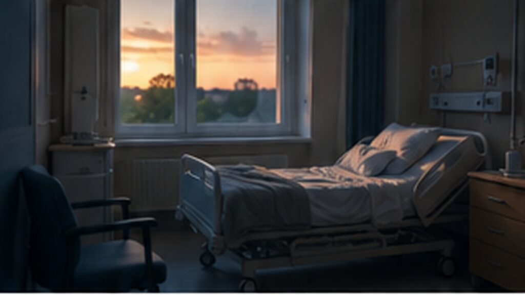 Chambre médicalisée calme éclairée par la lumière du soir