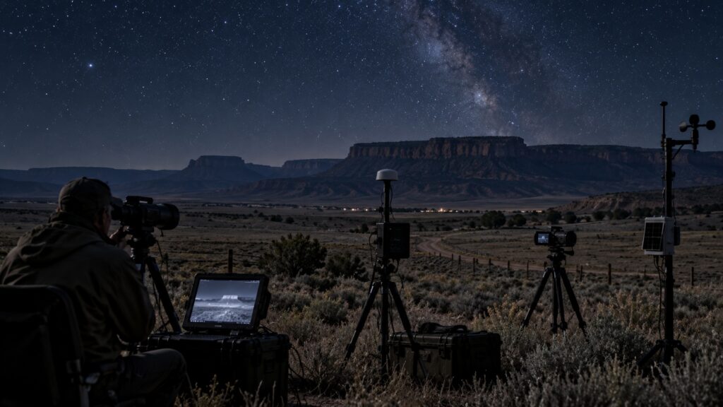 Caméras et instruments de surveillance installés dans un pâturage de l’Utah de nuit