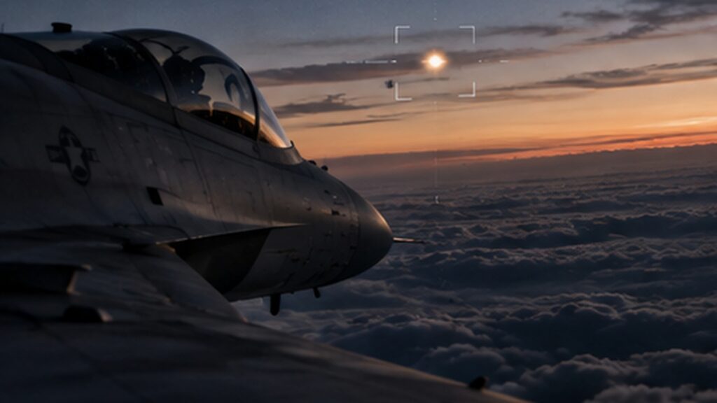 Avion militaire suivant un objet lumineux au-dessus d’une couche nuageuse