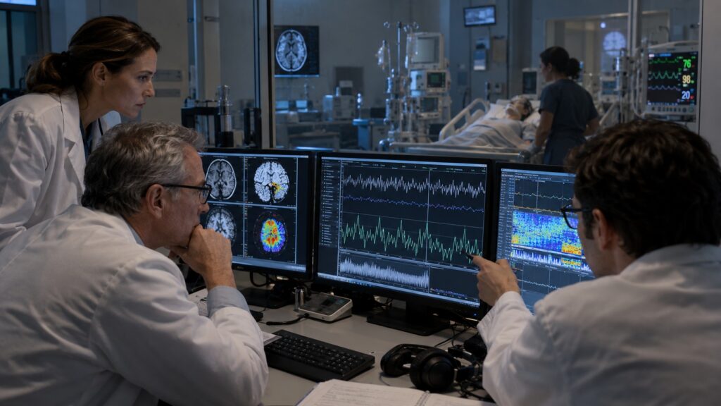 Chercheurs observant des écrans de surveillance médicale et des signaux cérébraux