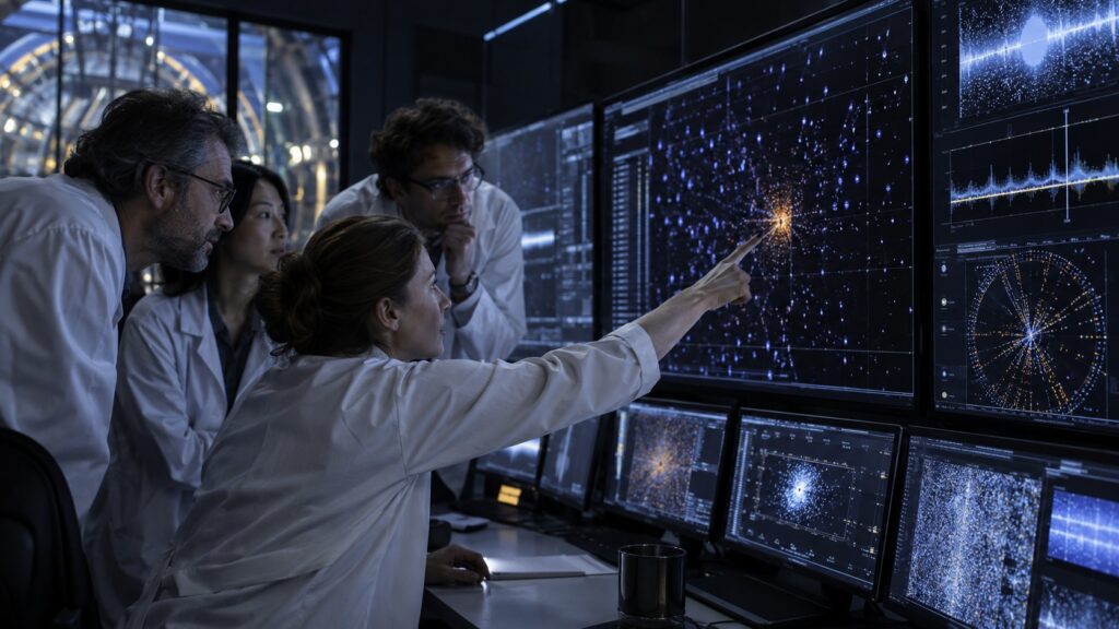 Chercheurs analysant sur écrans une détection lumineuse anormale