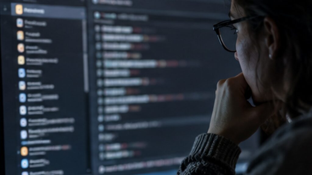 Analyste observant des données techniques et du code sur un écran