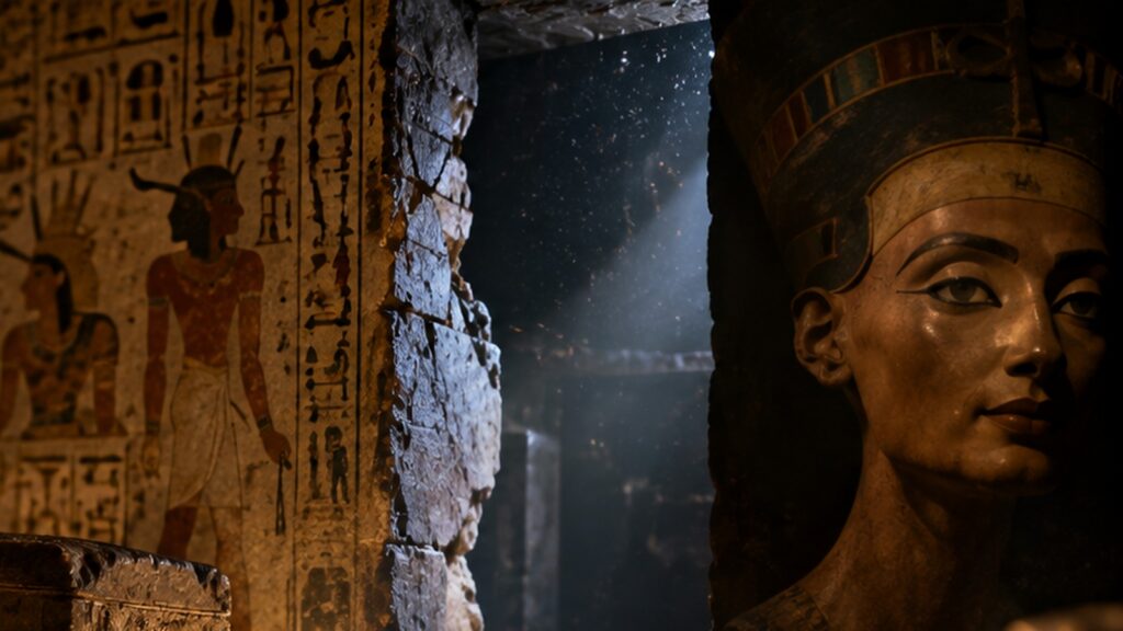 Passage sombre derrière une paroi décorée et représentation de reine égyptienne