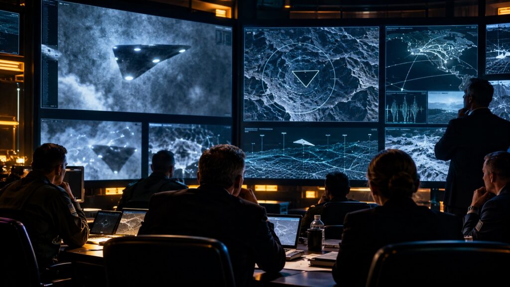 Salle de briefing de renseignement analysant des images d’un objet triangulaire mystérieux