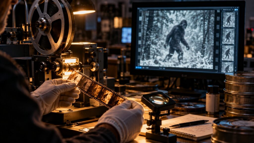 Technicien examinant une pellicule ancienne dans un laboratoire de restauration cinématographique
