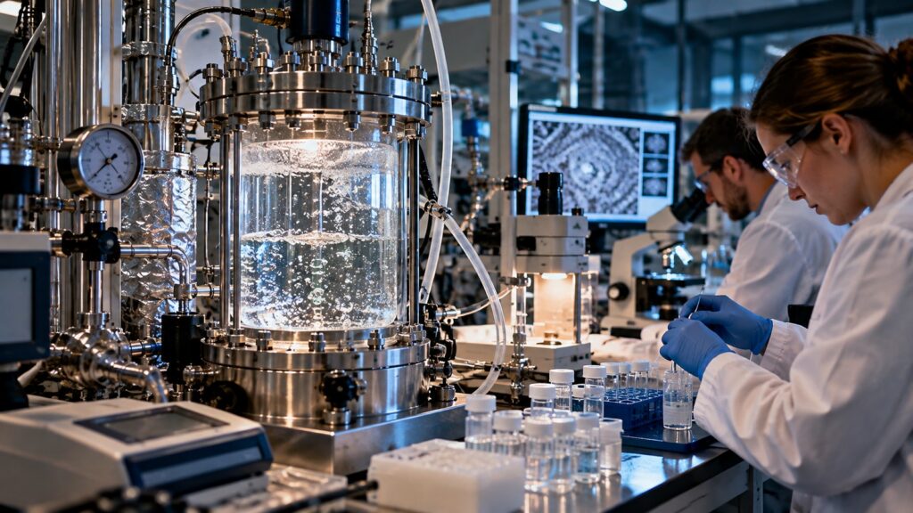 Laboratoire de microbiologie avec réacteur expérimental, chercheurs et échantillons