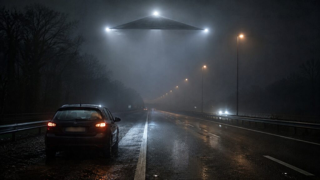 Autoroute humide de nuit avec une voiture arrêtée et un grand objet triangulaire lumineux au-dessus
