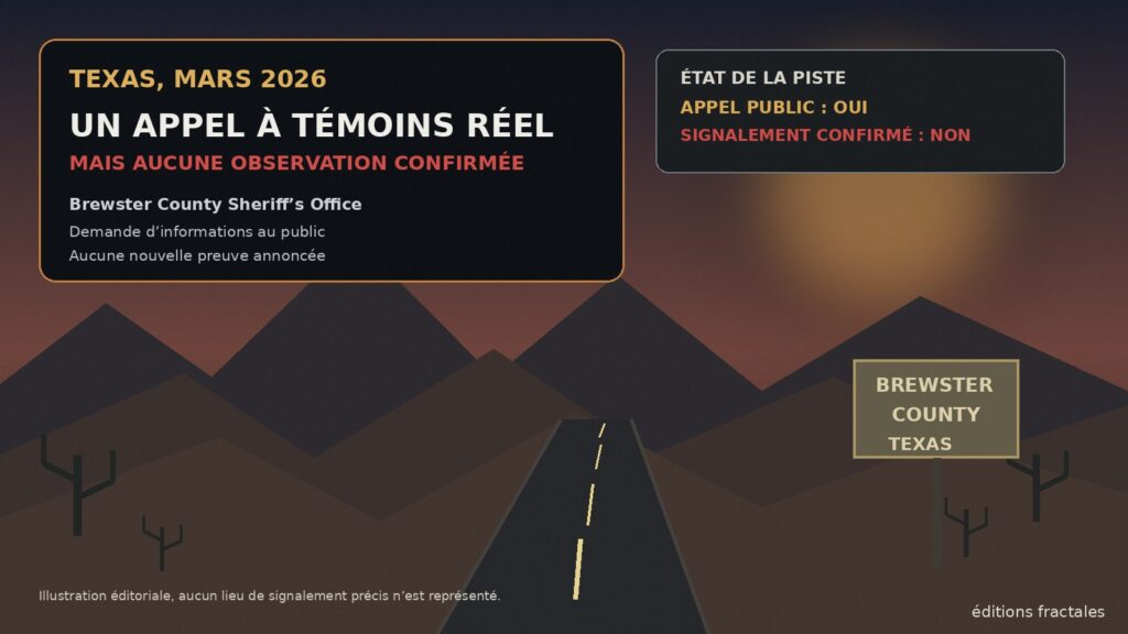 Illustration éditoriale de la piste du Texas et de l’appel à témoins du comté de Brewster en mars 2026