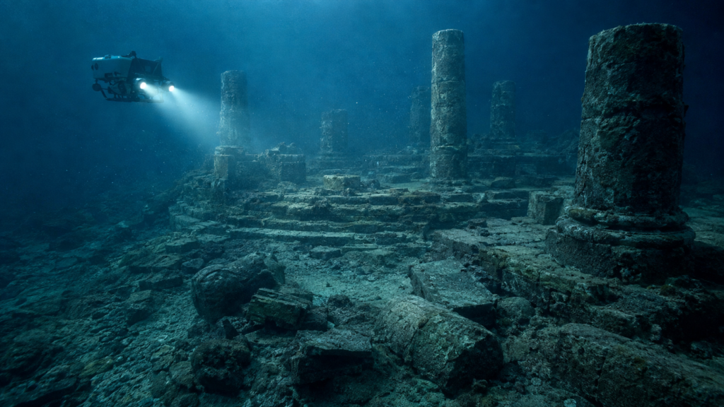 Ruines englouties éclairées par un submersible dans les profondeurs