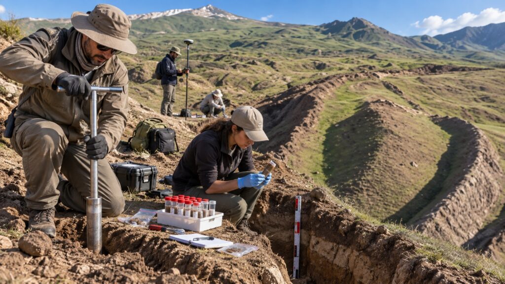 Chercheurs effectuant un carottage et conditionnant des échantillons de sol sur un site montagneux
