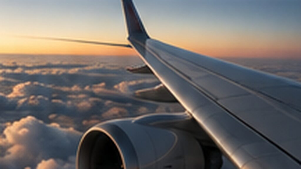 Aile d’un avion au-dessus des nuages au coucher du soleil
