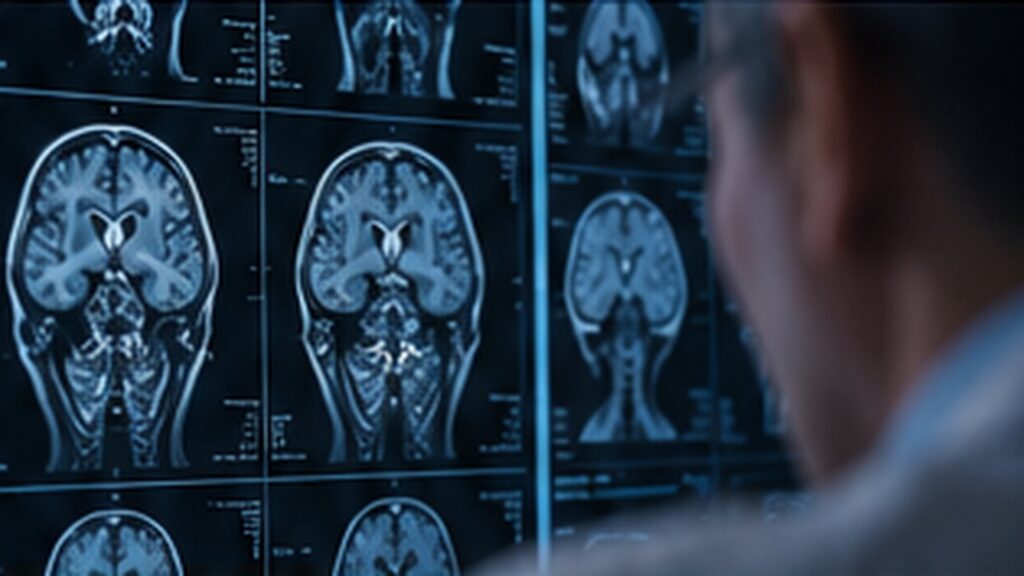 Chercheur observant des images cérébrales sur plusieurs écrans médicaux