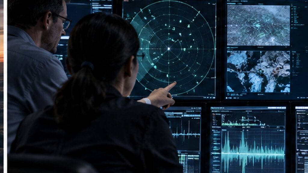Deux analystes examinant des données radar et multisenseurs sur plusieurs écrans