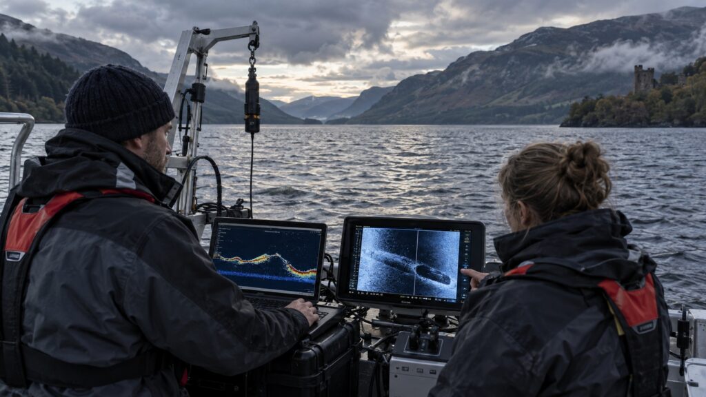 Équipe de recherche sur un bateau utilisant plusieurs écrans sonar au milieu d’un loch écossais