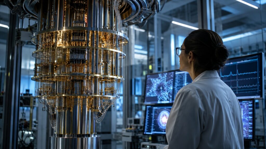Chercheuse observant un système technologique complexe dans un laboratoire