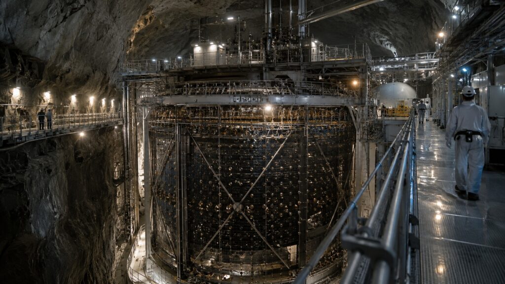 Grand laboratoire souterrain avec passerelles et détecteur monumental