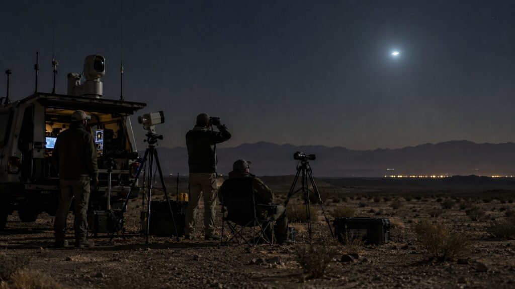 Équipe technique observant le ciel nocturne du désert avec capteurs et trépieds