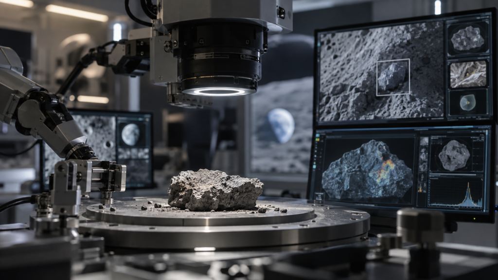 Laboratoire robotisé analysant un fragment rocheux lunaire avec bras mécanique et écrans de contrôle
