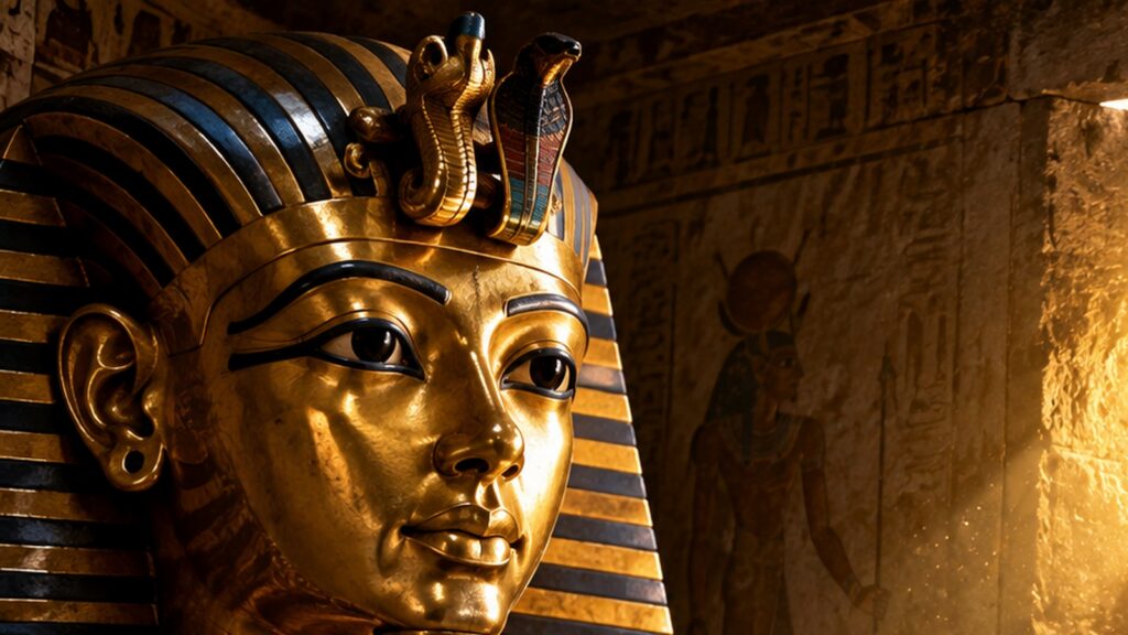 Masque funéraire doré face à une ouverture lumineuse dans une tombe égyptienne