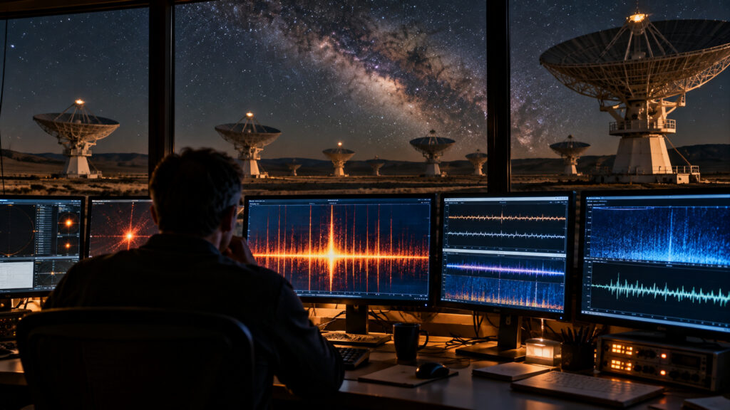 Astronome observant des signatures radio sur plusieurs écrans
