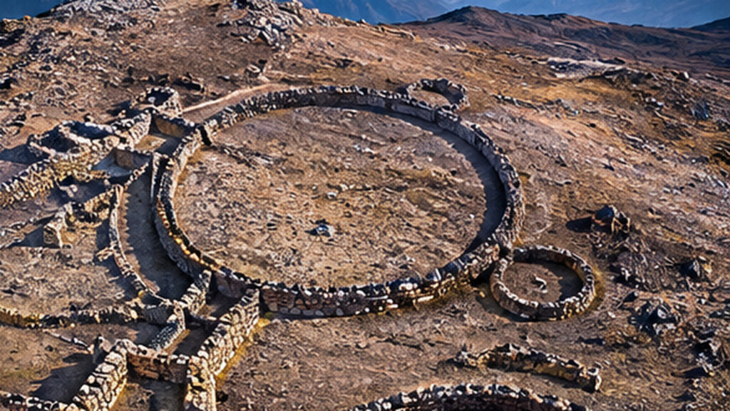 Grand cercle de pierre relié à de petites structures sur un plateau andin