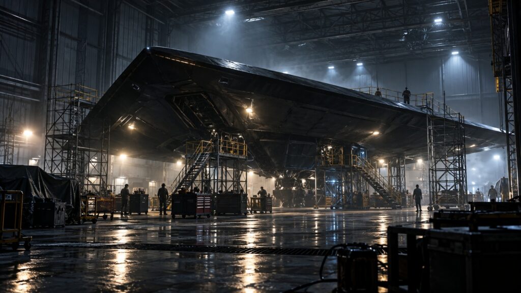 Immense appareil triangulaire sombre à l’intérieur d’un hangar secret entouré d’équipements techniques
