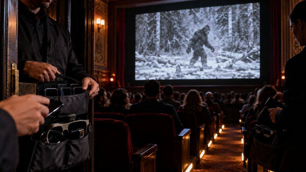 Projection confidentielle dans une salle de cinéma avec collecte de téléphones à l’entrée