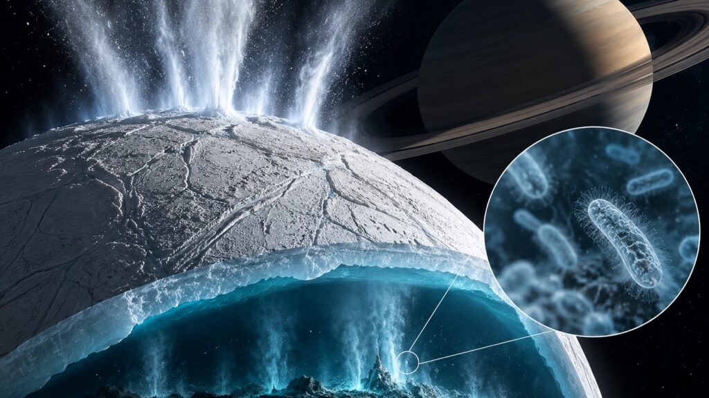 Vue artistique d’Encelade montrant geysers, océan souterrain et micro-organismes hypothétiques