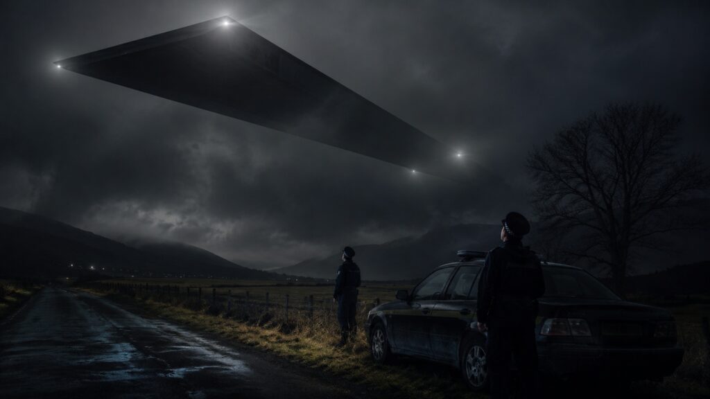 Deux policiers britanniques de nuit près d’une voiture, observant un immense triangle noir dans le ciel au-dessus d’une lande