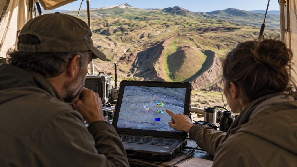 Deux chercheurs analysant sur ordinateur des relevés géophysiques face à une formation montagneuse