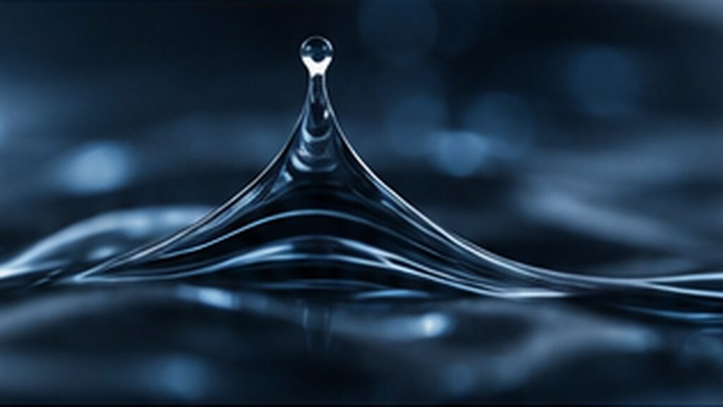 Goutte d’eau formant une pointe au-dessus d’une surface liquide sombre
