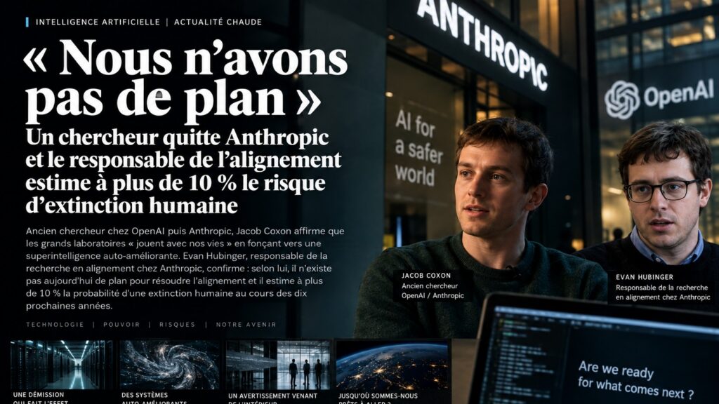 Illustration éditoriale réaliste sur l’avenir de l’humanité face à l’intelligence artificielle
