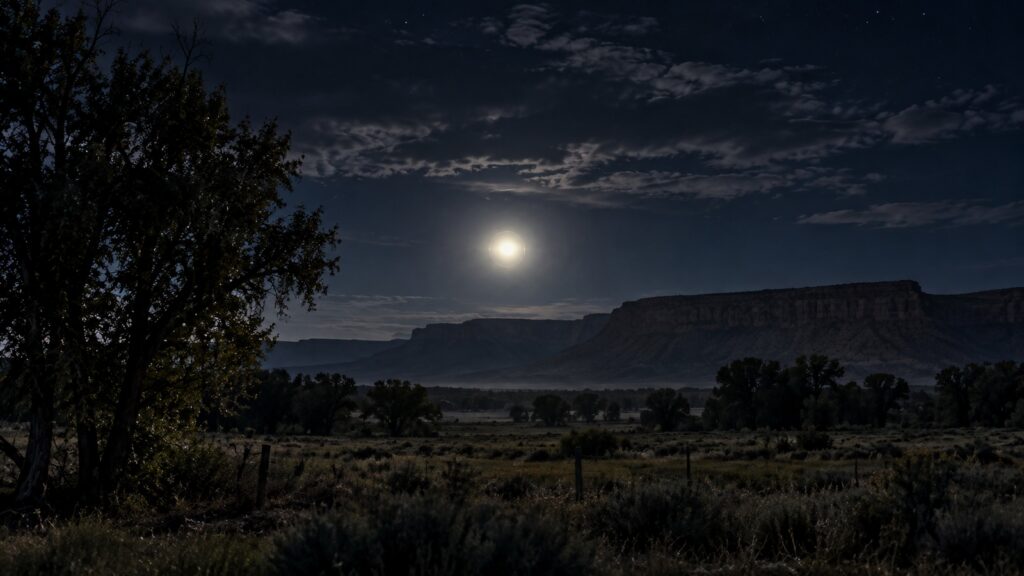Lumière blanche très intense observée de nuit au-dessus d’arbres dans un paysage rural