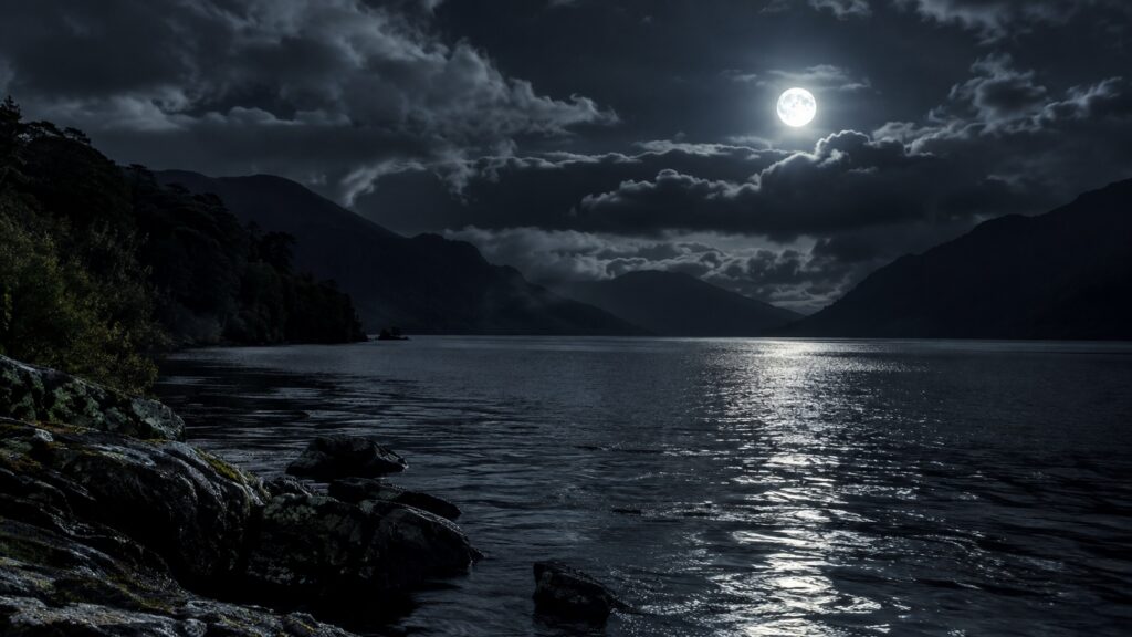 Loch écossais très sombre sous la lune avec montagnes et nuages nocturnes