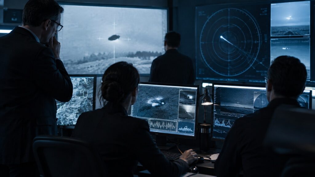 Centre de contrôle analysant sur écrans radar et images infrarouges un objet non identifié