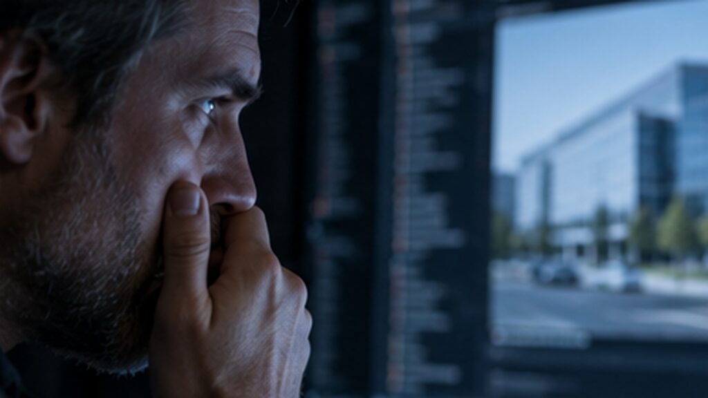Expert en cybersécurité observant à distance un bâtiment d’entreprise sur un écran