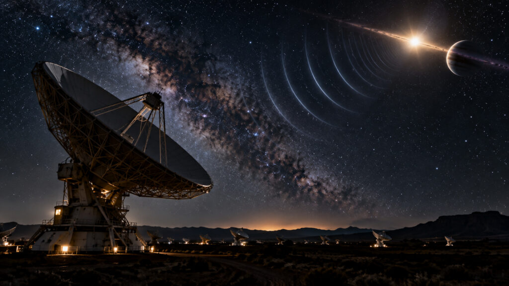 Grand radiotélescope recevant symboliquement des ondes d’un système planétaire lointain