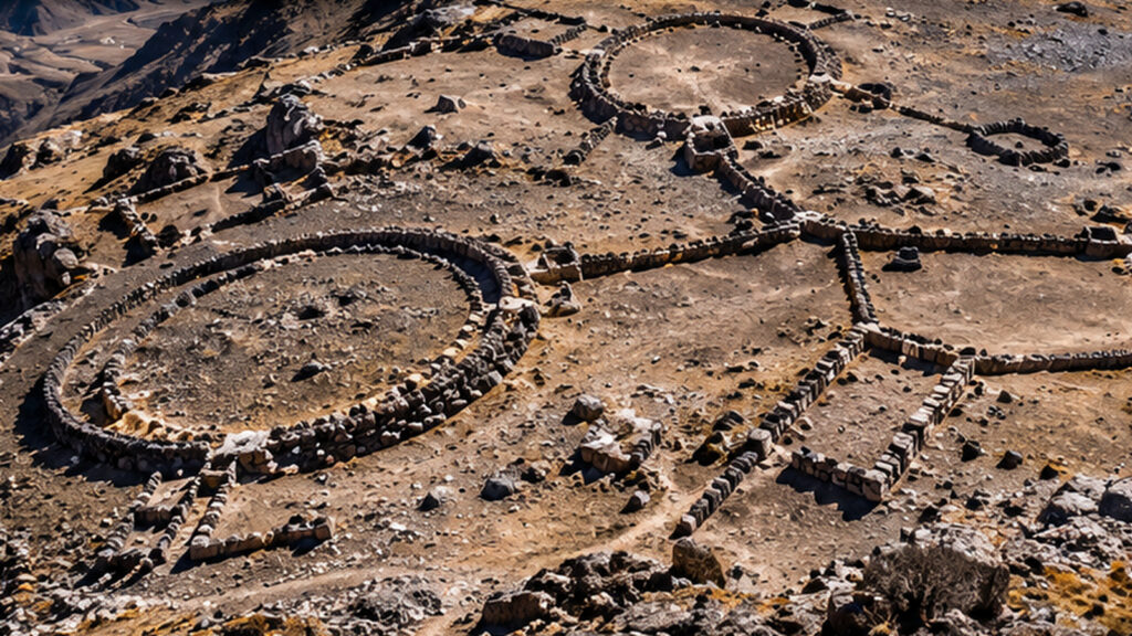 Cercles de pierre et passages vus en plongée sur un plateau aride de haute montagne