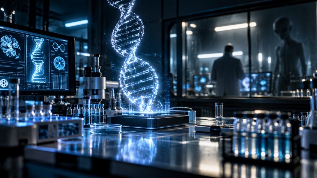 Laboratoire futuriste avec représentation lumineuse d’ADN et silhouette non humaine derrière une vitre