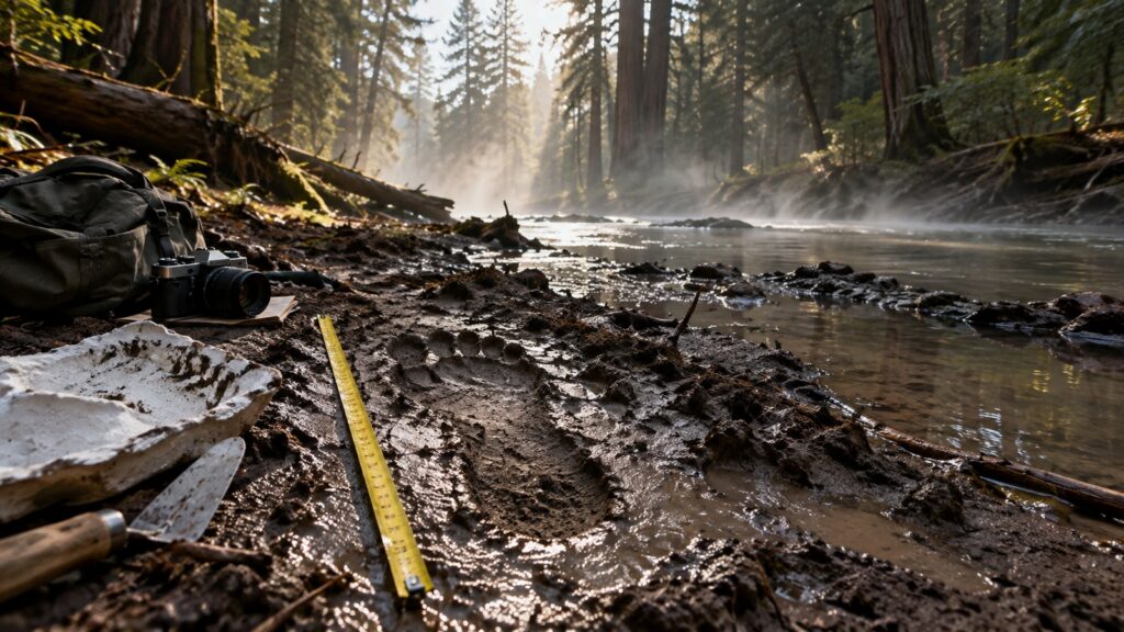 Grande empreinte humanoïde dans la boue près d’un ruisseau forestier avec matériel d’enquête