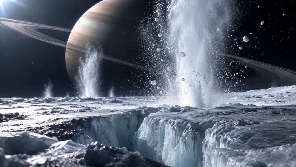 Surface fissurée d’une lune glacée avec geysers géants et Saturne dans le ciel