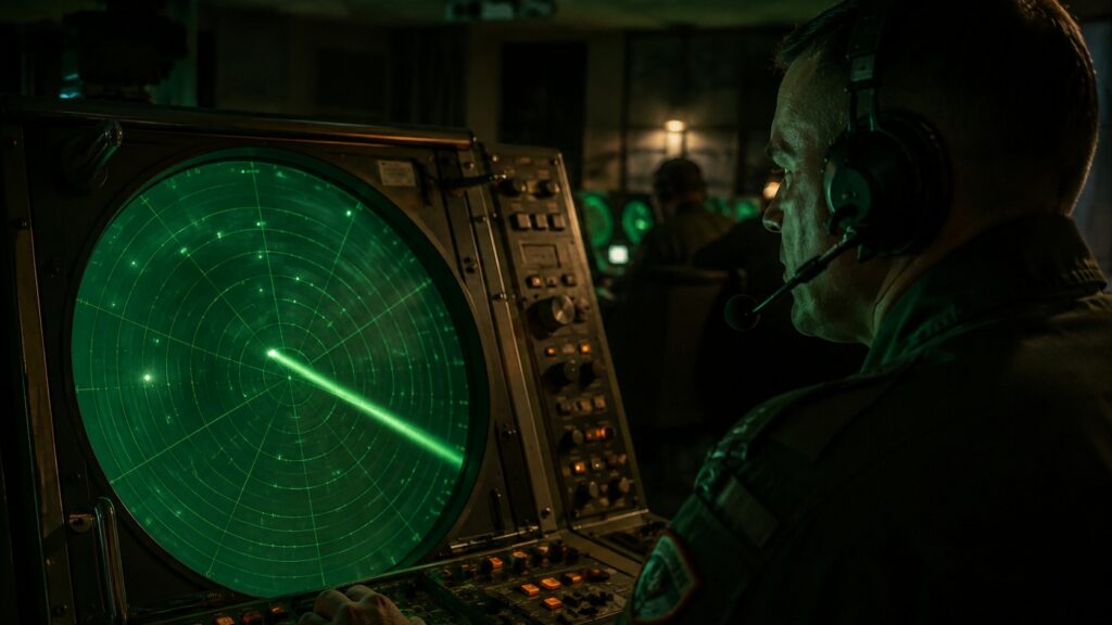 Opérateur devant un grand écran radar vert, dans une ambiance réaliste et sombre