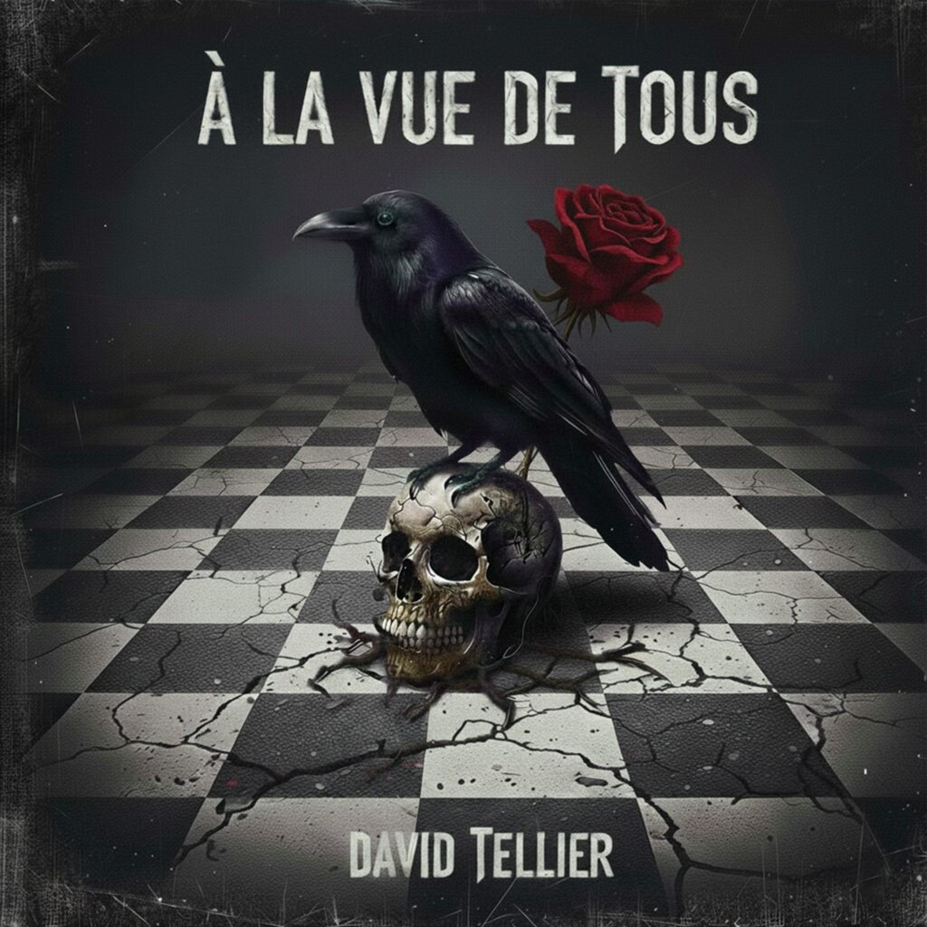 Pochette officielle du titre À la vue de tous de David Tellier, avec un corbeau, une rose rouge et un crâne sur un damier noir et blanc