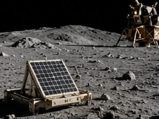 Vignette photoréaliste d’un module lunaire et d’un instrument scientifique sur la surface de la Lune