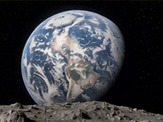 Vignette photoréaliste montrant la Terre au-dessus du paysage lunaire, symbole du long retour humain vers la Lune