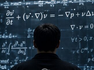 Chercheur observant les équations de Navier-Stokes sur un grand tableau numérique