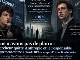 Illustration éditoriale sur la démission de Jacob Coxon et l’alerte d’Evan Hubinger concernant la superintelligence