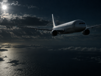 Avion de ligne volant de nuit au-dessus de l’océan sous la lune