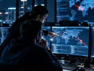 Équipe de cybersécurité analysant une activité réseau mondiale sur plusieurs écrans